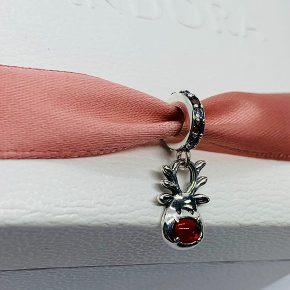 Pandora Red Nose Reindeer Murano Dangle Charm "Let your light shine" Pendant - Picture 6 of 10